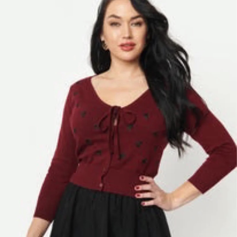 Unique Vintage Burgundy & Black Bows Dandy Cardigan size XL